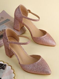 Tacones brillante de punta grueso con tira tobillera | SHEIN USA Glitter Sandals Heels, Masquerade Ball Shoes, Pink Wedding Shoes Low Heel, Xv Heels, Pink Low Heels, Pink Glitter Heels, Red Shoes Outfit, Low High Heels, Pink Glitter Shoes