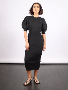 Fluted Short Puff Sleeve Dress in Black by CFCL-Idlewild Short Puff Sleeve Dress, Short Puff Sleeve, Puff Sleeve Dress, Pleats Please Issey Miyake, Mother Denim, Malene Birger, Puffed Sleeves Dress, Baseball Hat, Ulla Johnson