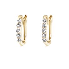 These classic hinged hoop earrings are designed in 18k yellow gold. They are embellished with brilliant round diamonds that are secured in prong settings. Classic Gold Hoop Earrings With Brilliant Cut, Formal 14k Gold Hoop Earrings With Prong Setting, Yellow Gold Hoop Earrings With Prong Setting, Classic Drop Huggie Earrings With Brilliant Cut, Yellow Gold Hoop Earrings With Prong Set Cubic Zirconia, Yellow Gold Hoop Earrings With Cubic Zirconia, Classic Gold Hoop Earrings With Prong Setting, Classic Clip-on Hoop Earrings For Anniversary, Elegant Huggie Hoop Earrings With Prong Setting