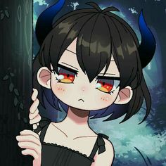 an anime character with horns on her head and red eyes, holding a knife in one hand