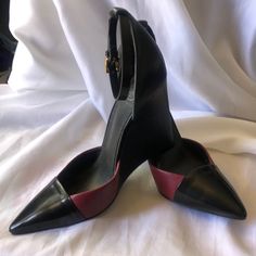 Excellent Condition.Two Toned In Color, Black And Wine. Classic Spectator Look. Dress Em Up Or Dress Em Whatever Ur Style Personality Entails. These Are The Statement. -Classic -Vintage -Ladylike -Sexy -Y2k -Streetwear -Fly -Businesswear 4 Inch Heel Formal Leather Wedge Sandals With 4-inch Heel, Chic Pointed Toe Wedge Sandals With 4-inch Heel, Chic Formal Wedge Sandals With Contrasting Heel, Chic Wedge Sandals With Contrasting Heel For Formal Occasions, Chic Black Wedge Sandals With Sculpted Heel, Elegant Leather High Heel Wedge Sandals, Chic High Heel Wedge Sandals For Work, Chic Formal Wedge Sandals With 4-inch Heel, Designer Wedge Heels With 4-inch Heel