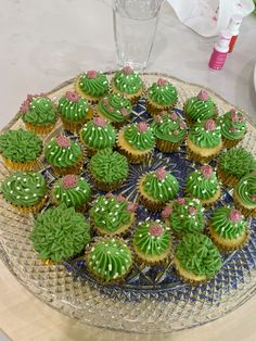 cupcakes with green frosting are on a glass platter