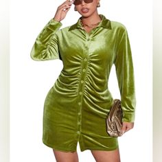 Chicme Women's Olive Button Down Velvet Long Sleeve Minidress Material: Cotton, Polyester Color: Olive/Green Style: Button Down Sleeve: Long Sleeve Neck Line: Collard Finish: Button Velvet Button Up Dress, Ruffle Shoulder Dress, Blair Dress, Pixie Dress, Spaghetti Strap Mini Dress, Shein Dress, Green Mini Dress, Puff Long Sleeves, Womens Cocktail Dresses