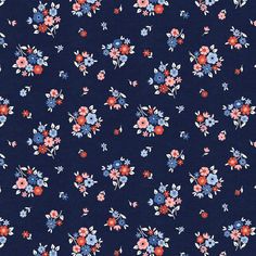 a blue background with red, white and blue flowers