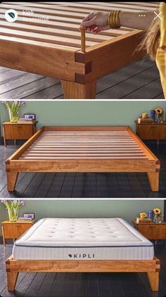 the bed frame is made out of wood and has no sheets on it, but there are