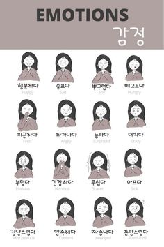 an illustrated poster with the words emotions in korean and english, which are written in different languages