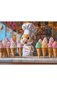 a painting of a bunny chef standing in front of ice cream cones