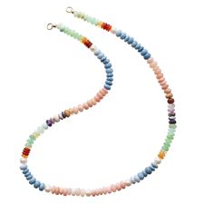 Introducing our latest must-have in jewelry collections inspired by our favorite childhood candy treats! This Mentos inspired necklace will add a playful but subdued burst of color into any stack.Assorted Opaque Opal Rondelles and Pearls with 14K ring connectors at each end. Perfect for your favorite baby lock. 18" Length Rainbow Rondelle Necklace For Gift, Rainbow Rondelle Necklace Gift, Rainbow Single Strand Round Necklace, Rainbow Round Single Strand Necklace, Pastel Gemstone Beads Jewelry For Gifts, Multicolor Round Necklaces For Everyday, Pastel Jewelry With Colorful Beads As Gift, Pastel Jewelry With Colorful Beads For Gifts, Everyday Multicolor Gemstone Beads Necklace