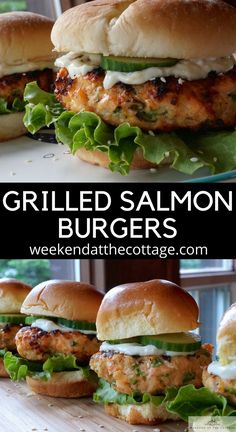 grilled salmon burgers with lettuce and cheese on buns for lunch