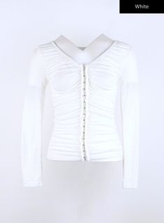 hook-button-shirred-cardigan-co325 / White Trendy Ruched V-neck Top, White Fitted Long Sleeve Top For Summer, Fitted White Long Sleeve Top For Summer, Casual Fitted Long Sleeve Ruched Top, Fitted Ruched Long Sleeve Casual Top, Casual Fitted Ruched Long Sleeve Top, Spring Stretch Tops With Buttons, White Stretch Button-up Top, Ruched Fitted Blouse