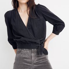 Madewell Wrap Top In Black Denim - Cropped At Just The Right Spot To Pair With High-Rise Jeans, This Borrowed-From-The-'70s Black Denim Top Ties At The Side For A Retro Vibe. Cropped Fit. Approx. Length: 20", Pit To Pit 15". Cotton. Machine Wash. Chic Dark Wash Cotton Tops, Casual Black Denim Top For Spring, Trendy Black Cotton Denim Top, Versatile Fitted Denim Tops, Fitted Denim Tops, Spring Washed Black Denim Tops, Black Denim Tops For Workwear, Chic Dark Wash Tops For Day Out, Washed Black Tops For Workwear In Fall