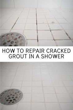 how to repair cracked grout in a shower drain with pictures and text overlay