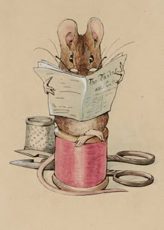 a drawing of a mouse reading a paper while sitting on top of a pot with scissors