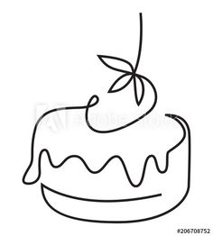 a drawing of a cake with icing and a cherry on top, in black and white