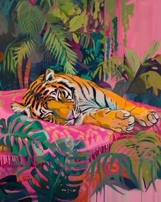 a painting of a tiger laying on top of a pink bed surrounded by tropical plants