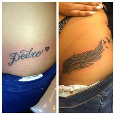 two pictures side by side, one with a tattoo and the other with a feather on it