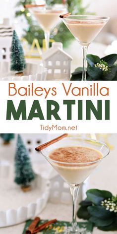 bailey's vanilla martini with cinnamon garnish in coupe glasses on a table