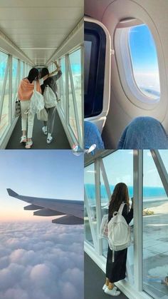 two women looking out an airplane window at the ocean and clouds in the sky, while another woman stands on the plane's upper deck