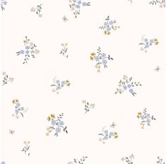 a white wallpaper with blue and yellow flowers on the bottom half of it,