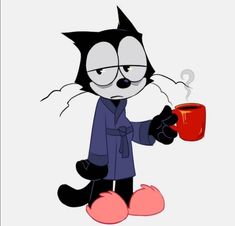 an image of a cartoon cat holding a coffee cup with steam coming out of it