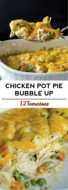 chicken pot pie is shown with text overlay