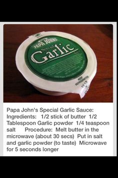 an image of some type of garlic sauce on a wooden table with instructions for how to use it