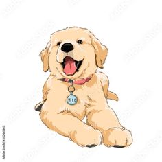 a cartoon golden retriever dog with a tag on its collar and tongue hanging out