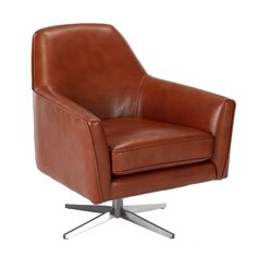 a brown leather chair sitting on top of a metal base