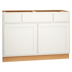 a white cabinet with two doors and one drawer on the bottom, in front of a white background