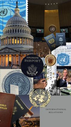 collage of various images including the united states capitol building, passport and other items