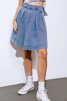 Washed denim midi skirt, featuring full skirt with pleats and back zipper closure. Pair with our washed denim top (Style #FT1025) for the complete denim look! Skirt With Pleats, Elegant Art, Denim Midi Skirt, Resort Collection, Washed Denim, Denim Mini, Swimsuit Cover, Denim Mini Skirt