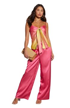 Lustrous, vibrantly hued satin brings bedroom vibes to these wide-leg drawstring pants that are an effortless work-to-weekend choice. Elastic/drawstring waist Side-seam pockets 100% polyester Hand wash, dry flat Imported Chic Pink Satin Bottoms, Spring Pink Satin Bottoms, Satin Bottoms For Summer Loungewear, Summer Satin Bottoms For Loungewear, Summer Satin Loungewear Bottoms, Pink Silk Pants For Spring, Summer Silk Wide Leg Pants For Loungewear, Silk Wide Leg Pants For Spring Night Out, Casual Satin Pants For Spring