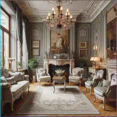 an ornate living room with chandelier and chairs