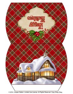 a red plaid christmas card with a house on it