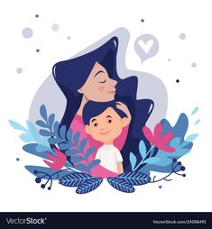 a mother and her child are hugging each other in the shape of a frame with leaves