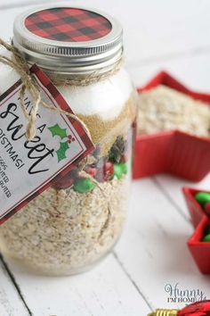 a jar filled with oatmeal sitting on top of a table