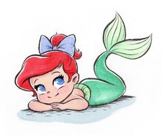 a drawing of a little mermaid with red hair and blue eyes laying on the ground