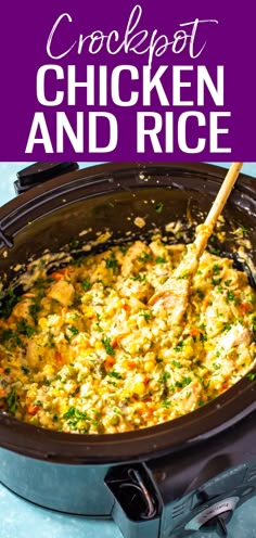 crockpot chicken and rice in a slow cooker with the words crockpot chicken and rice above it