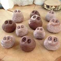 twelve chocolate owls sitting on top of a wooden table