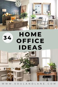 the words home office ideas are in black and white