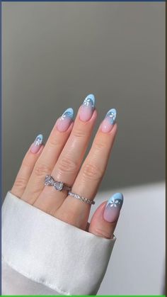 Spring nails, pastel nails, almond nail design, april nails, new nail design, Spring almond nails French Nails With Flowers, Pastel Blue Nails, Ombre French Nails, Light Blue Nail Designs, Taylor Swift Nails, Pink White Nails, Sky Blue Nails, Pastel Nail Art, Minimalism Fashion