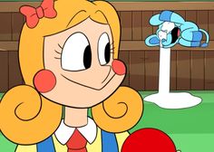 a cartoon girl holding a red ball in her hand