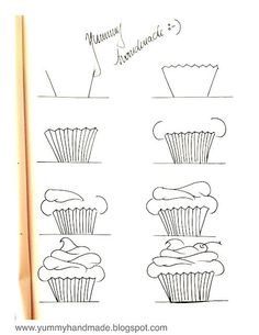 an open book with drawings of cupcakes on it