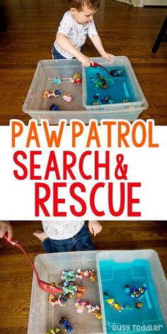 two children playing with paw patrol search and rescue toys in plastic bins on the floor