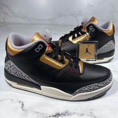 Jordan 3 Retro Black Fire Red Metallic Gold Leather High Top Sneakers Nwt Msrp $200 Womens Size: 9, Mens Size: 7.5 Brand New Never Worn With Out Top To Box Comes With Keychain As Well Sold Out Online Accepting Offers Luxury Leather Jordan Sports Shoes, Luxury Leather Jordan Shoes For Sports, Luxury Low-top Leather Jordan Shoes, Luxury Leather Jordan Shoes For Streetwear, Luxury Leather High-top Jordan Shoes, Luxury Leather Lace-up Jordan Shoes, Luxury Leather Jordan Shoes With Round Toe, Luxury Black Low-top Jordan Shoes, Luxury Black Custom Sneakers With Red Sole