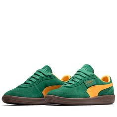 Suede/Textile upper Leather formstrip Gold foiled and debossed PUMA branding on quarter Rubber midsole and outsole Color: Vine/Clementine Style: 396463 05 Orange Leather Sneakers With Gum Sole, Green Sneakers With Leather Sole For Streetwear, Green Leather Sole Sneakers For Streetwear, Casual Orange Sneakers With Leather Sole, Puma Palermo, Puma Sneakers, Palermo, Vines, Onyx