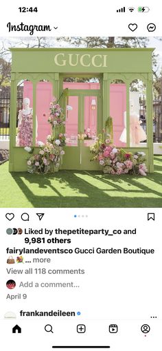 an instagram page with the words gucci on it and flowers in front of a green building