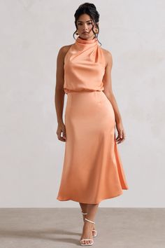 Geena | Peach Satin Twisted High-Neck Midi Dress High Neck Midi Dress, Club L London, Black Dress Prom, Black Tie Gala, Peach Dress, Party Dress Long Sleeve, Bridesmaid Outfit, Christmas Party Dress, Black Sequin Dress