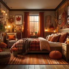 a bedroom decorated in fall colors with pumpkins and candles