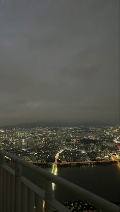 a man standing on top of a tall building looking at the city lights in the distance